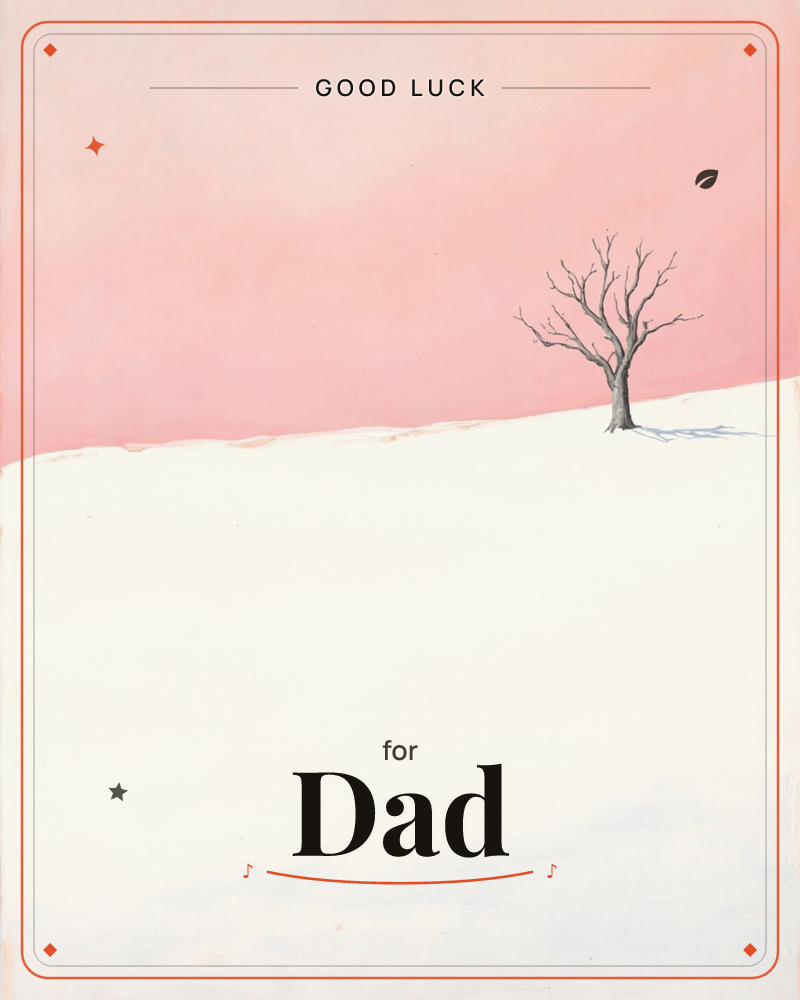 A single bare tree stands on a snowy rise beneath a wide pink sky, its branches leafless and its shadow falling soft blue across the drift, a good luck e-card design