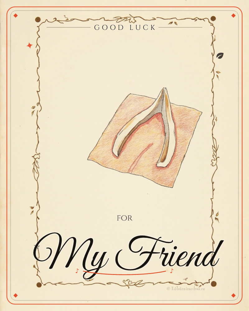 A simple hand-drawn wishbone rests on a folded orange-pink cloth at the centre of a cream page, framed by a thin vine border with little leaves and…, a good luck e-card design