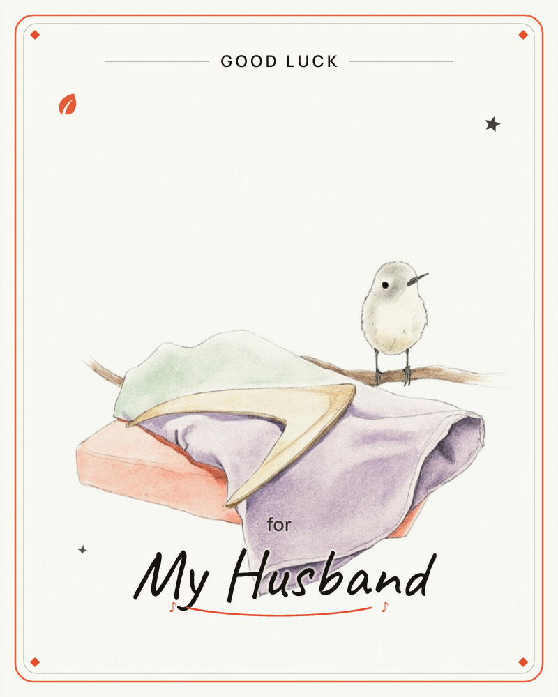 A small, round-bodied bird perches quietly on a slender branch beside a soft coral-coloured cushion draped in a mint and lavender cloth, a good luck e-card design