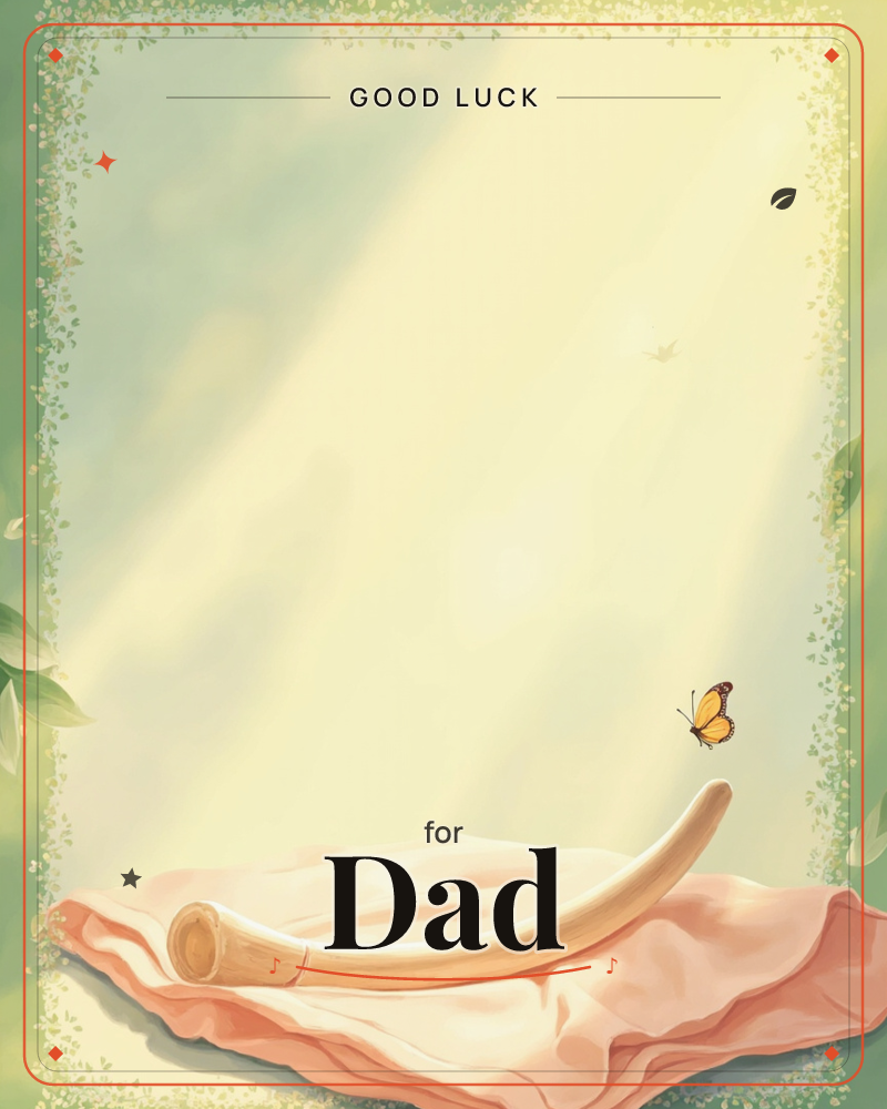 A soft beam of golden light falls through a leafy green border onto a curved cream horn resting on folds of blush pink fabric, with an orange butterfly…, a good luck e-card design