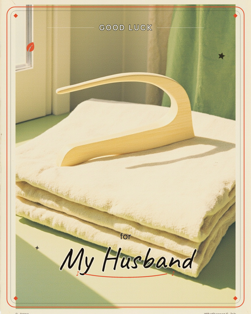 A curved wooden object, shaped like a swan's neck or an abstract handle, rests on a neatly folded stack of cream towels beside a sunlit window, a good luck e-card design