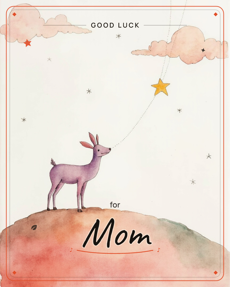 A small purple deer stands atop a rounded hill washed in coral and sage, gazing up at a golden star tethered to its nose by a thin dotted string, a good luck e-card design