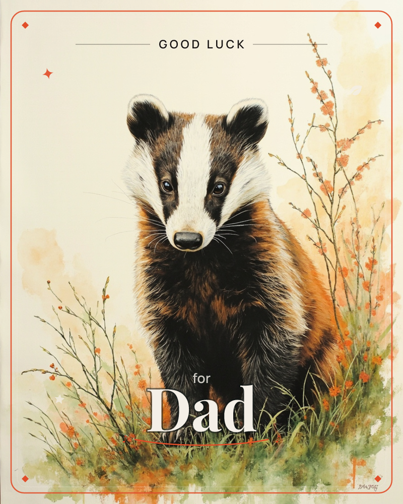 A badger sits front and centre against a soft cream background, its black-and-white striped face turned to look directly out of the frame, a good luck e-card design