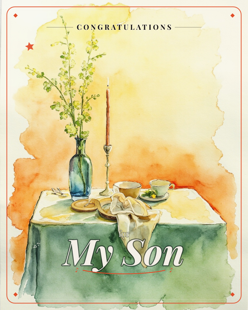 A softly rendered still life shows a table set with a green cloth, a blue glass vase of budding branches, a lit taper candle in a brass holder, a linen…, a graduation e-card design