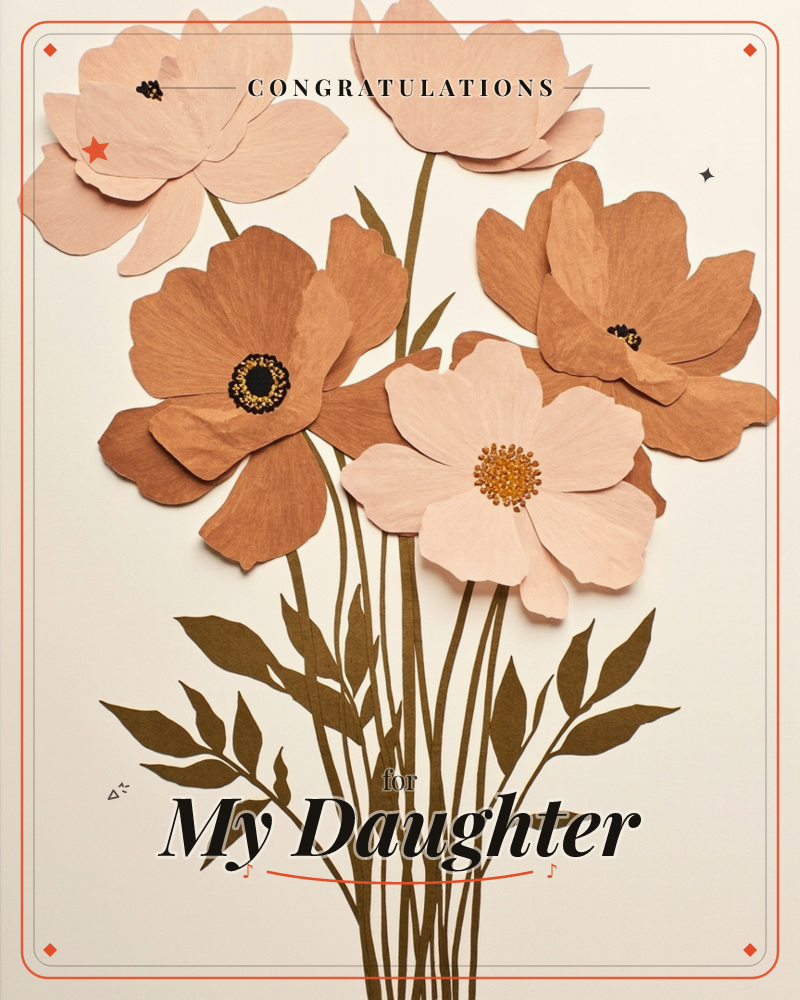 A bouquet of five paper-cut flowers stands against a plain cream background, their petals crafted in layered shades of blush pink and terracotta with…, a graduation e-card design
