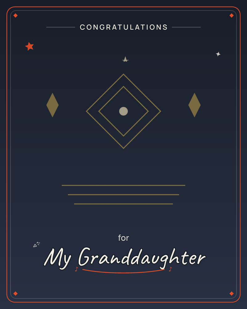 A deep navy background sets off a minimal geometric emblem: a gold-outlined diamond with a smaller diamond nested inside, centred on a single pale dot, a graduation e-card design by @DittyCityTeam