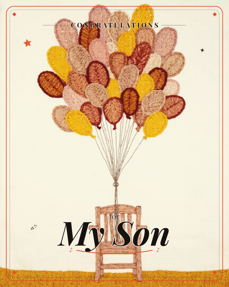 A wooden chair sits empty beneath a huge bunch of balloons in warm rust, gold, blush and burgundy, their strings all tied together at the seat, a graduation e-card design