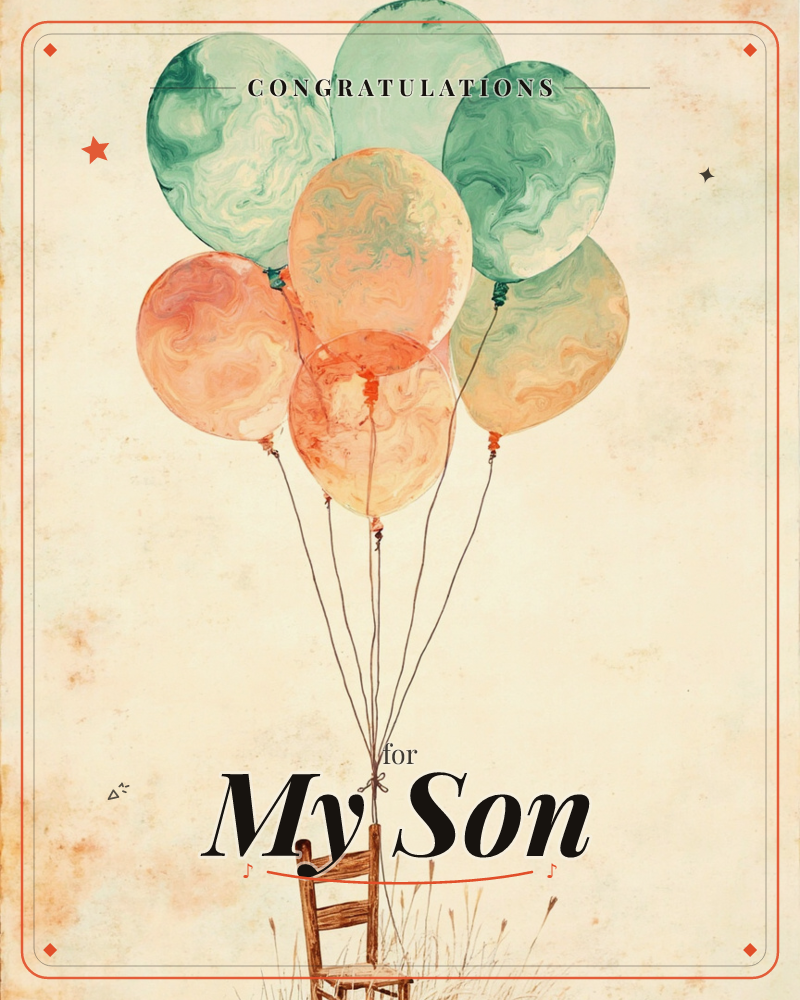 A cluster of marbled balloons in teal and peach hover above an empty wooden chair, their strings tied together and knotted to its back, a graduation e-card design