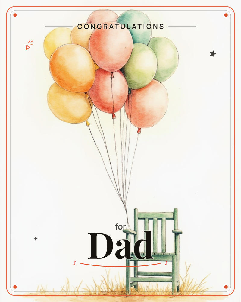 A cluster of watercolour balloons in yellow, coral, orange and sage green is tied by long strings to the back of a weathered green wooden chair…, a graduation e-card design
