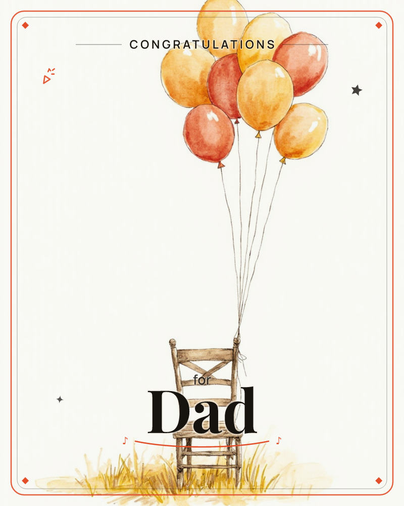 A weathered wooden chair sits alone in a patch of grass, a cluster of amber, gold and rust-red balloons tied to its back and drifting upward, a graduation e-card design