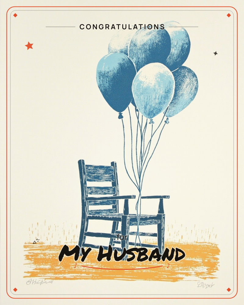 A single wooden chair sits alone on a rough patch of golden-brown ground, a cluster of blue and white balloons tied to its arm and drifting upward…, a graduation e-card design