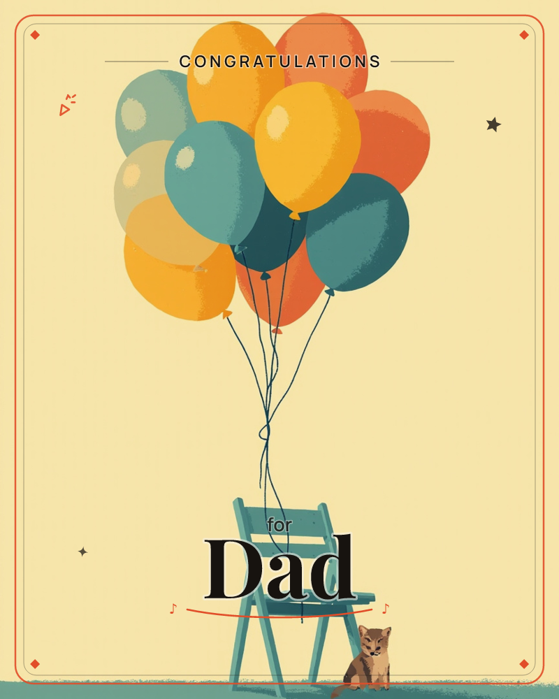 A cluster of teal, mustard-yellow and orange balloons is tied to the back of a plain wooden chair, glowing against a warm, vignetted cream background…, a graduation e-card design