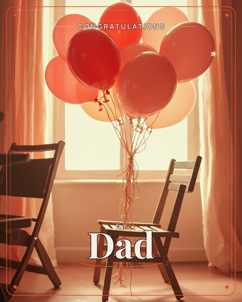 A bunch of red and pink balloons is tied to a wooden chair, glowing against a bright window framed by soft curtains, a graduation e-card design