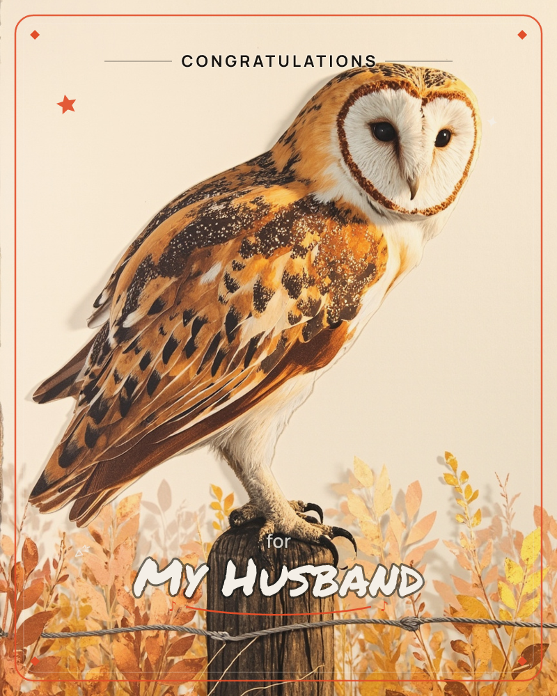 A barn owl perches on a weathered wooden fencepost, its heart-shaped white face turned toward the viewer with dark, watchful eyes, a graduation e-card design