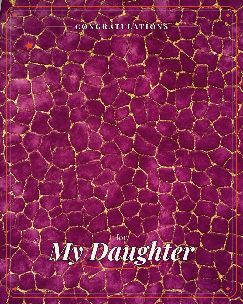 A dense mosaic of magenta and plum patches fits together like cracked stone, each cell edged in shimmering gold veining, a graduation e-card design