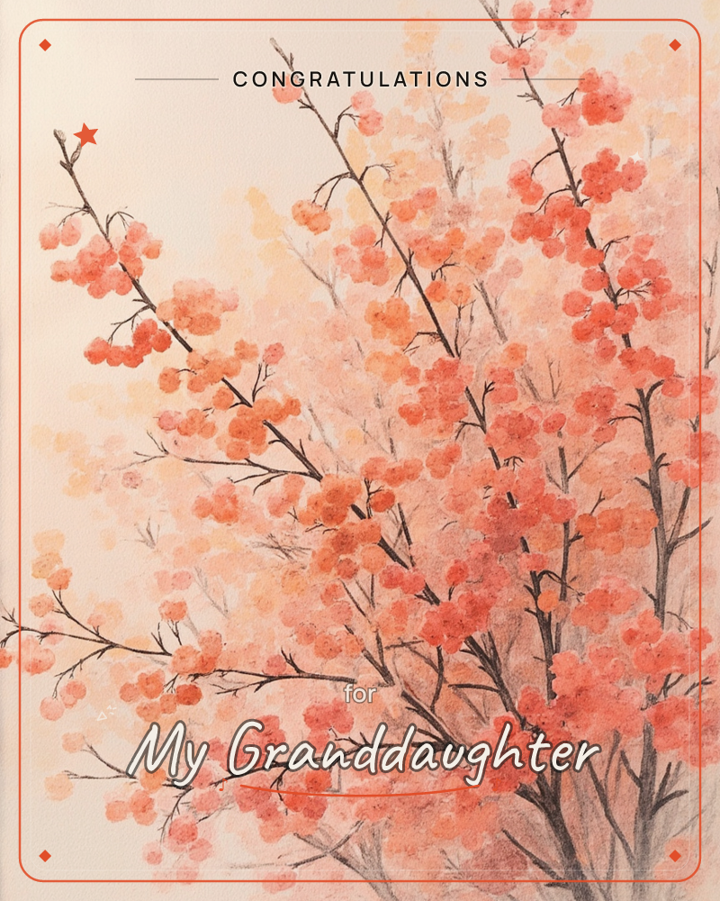 A watercolour study of slender branches heavy with clusters of coral and peach berries, spreading diagonally across a soft cream background, a graduation e-card design