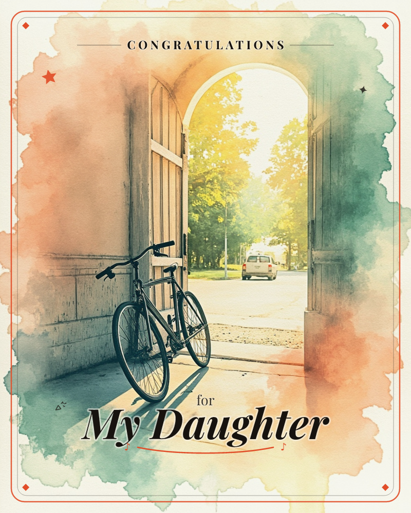 A bicycle leans quietly inside an open archway, its wooden doors thrown wide onto a sunlit street lined with trees, a graduation e-card design