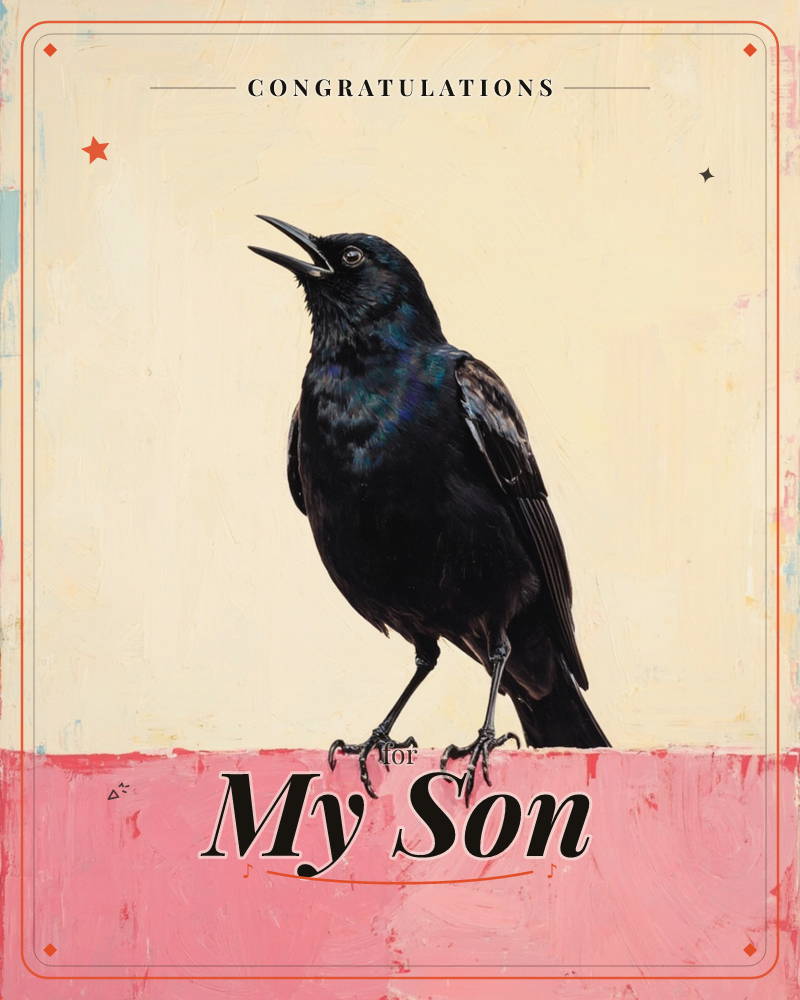 A glossy black bird, its feathers touched with iridescent blue and green, perches on a pink ledge with its beak open mid-call, a graduation e-card design