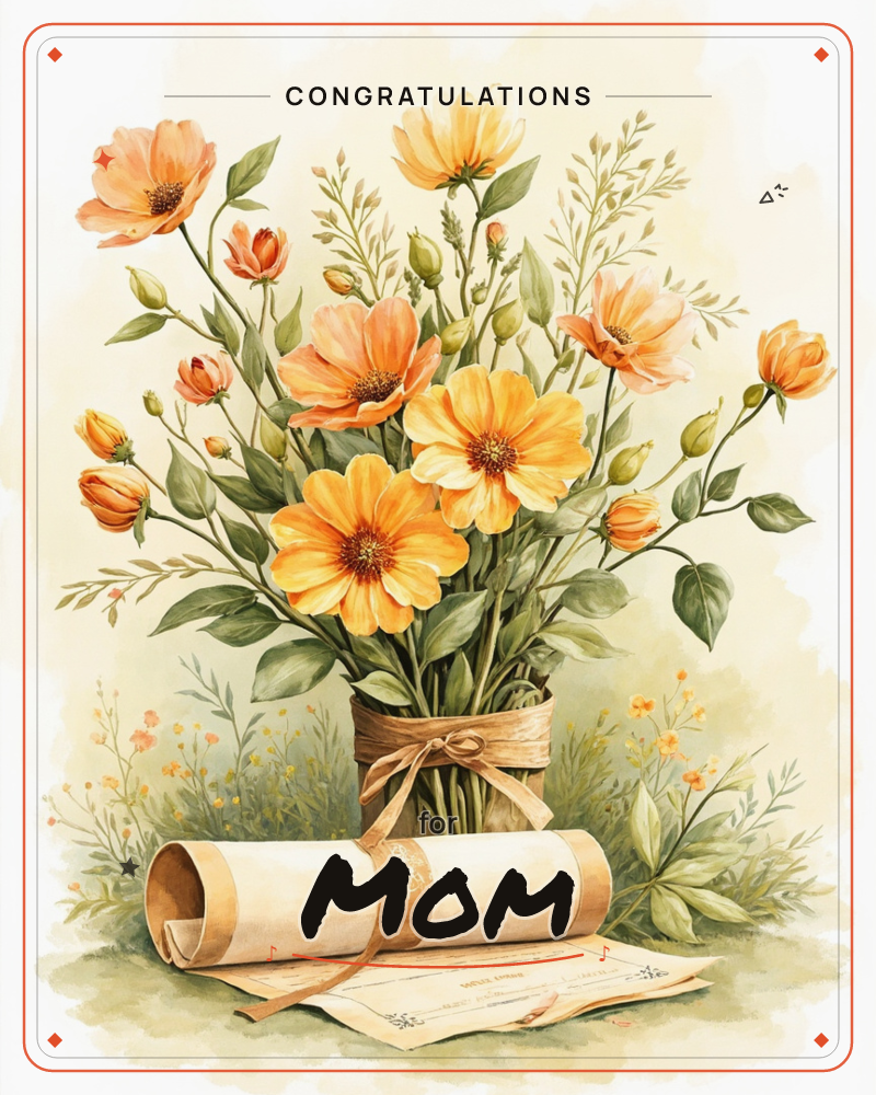 A loose bouquet of orange and golden poppy-like blooms stands tied with a burlap ribbon, its stems bundled above a scroll of aged paper resting on the…, a graduation e-card design