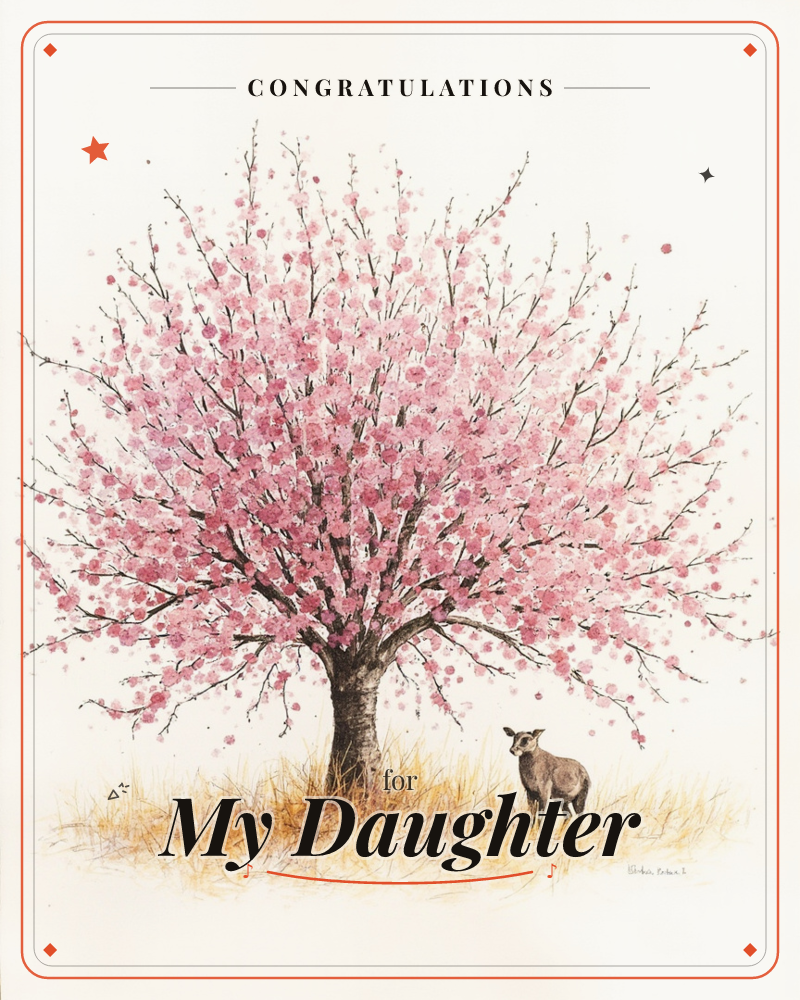 A cherry blossom tree stands in full bloom on a cream background, its branches heavy with pink flowers and a scattering of loose petals drifting nearby, a graduation e-card design