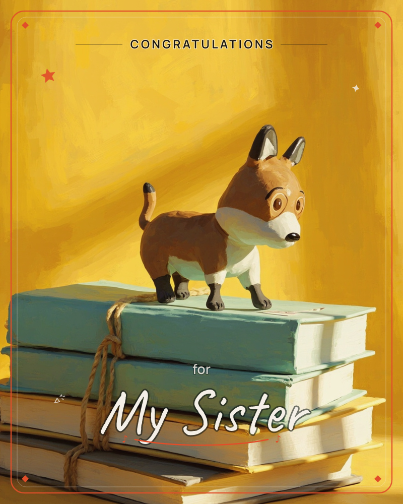 A small toy fox with round spectacled eyes and black-tipped ears and tail stands on top of a stack of books tied together with twine, all set against a…, a graduation e-card design