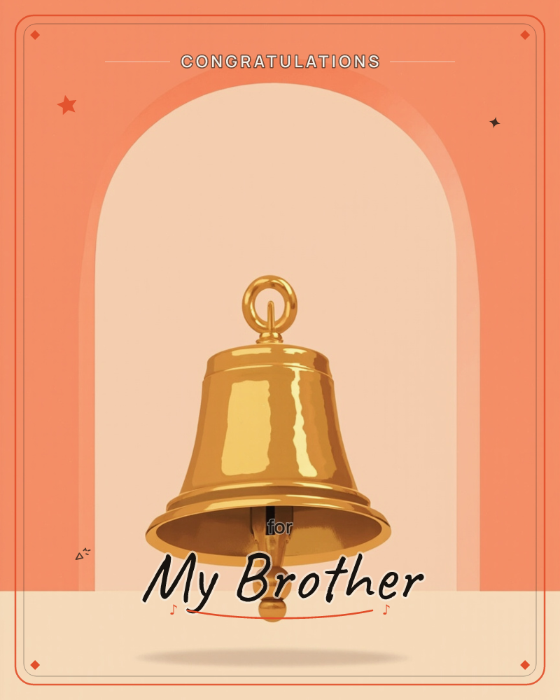 A polished gold bell hangs suspended within a pale arched niche, set against a warm coral-orange wall, a graduation e-card design