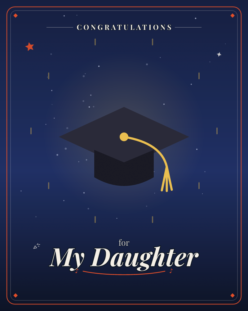 A black mortarboard with a gold tassel hanging from its centre, against a deep navy sky flecked with light, a graduation e-card design