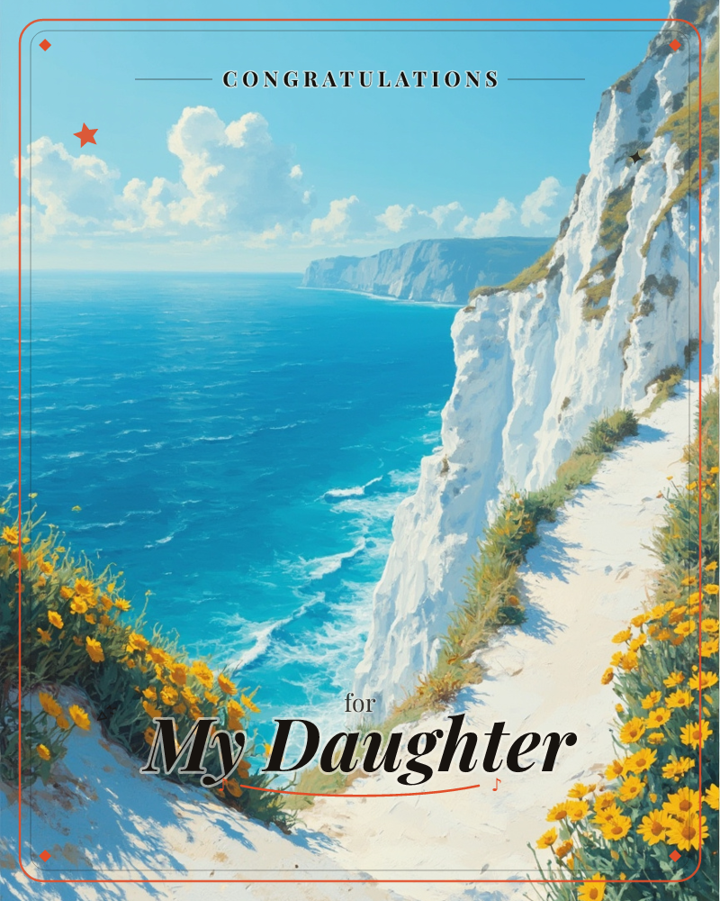 Chalk-white cliffs drop straight into a vivid turquoise sea, with clumps of yellow wildflowers clinging to the sandy path along the edge, a graduation e-card design