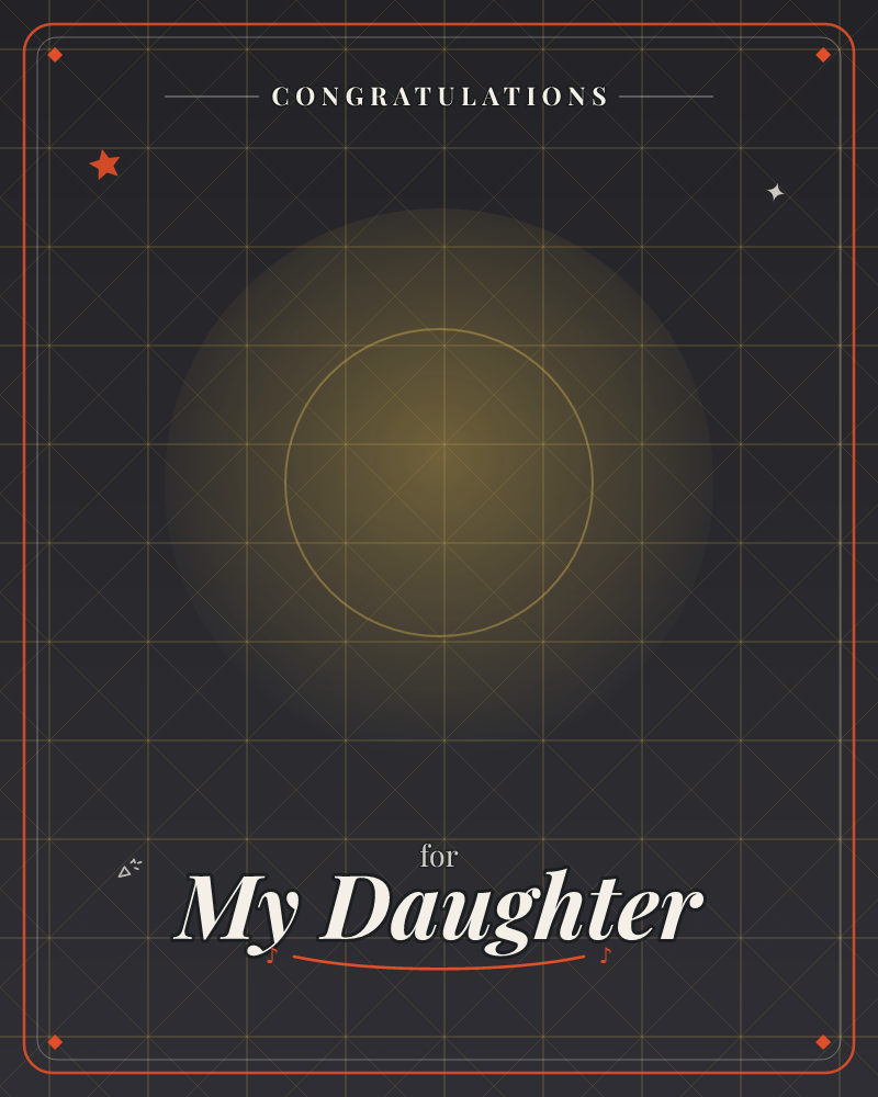 A single glowing gold circle floats against a dark charcoal background, set within a faint grid of crossed lines like a distant window or star chart, a graduation e-card design by @DittyCityTeam