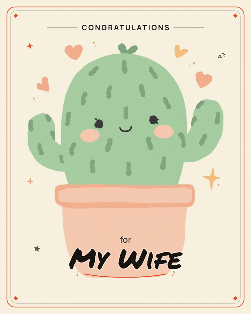 A cheerful round cactus with raised prickly arms sits happily in a pale terracotta pot, its blushing cheeks and closed-eye smile radiating warmth…, a graduation e-card design