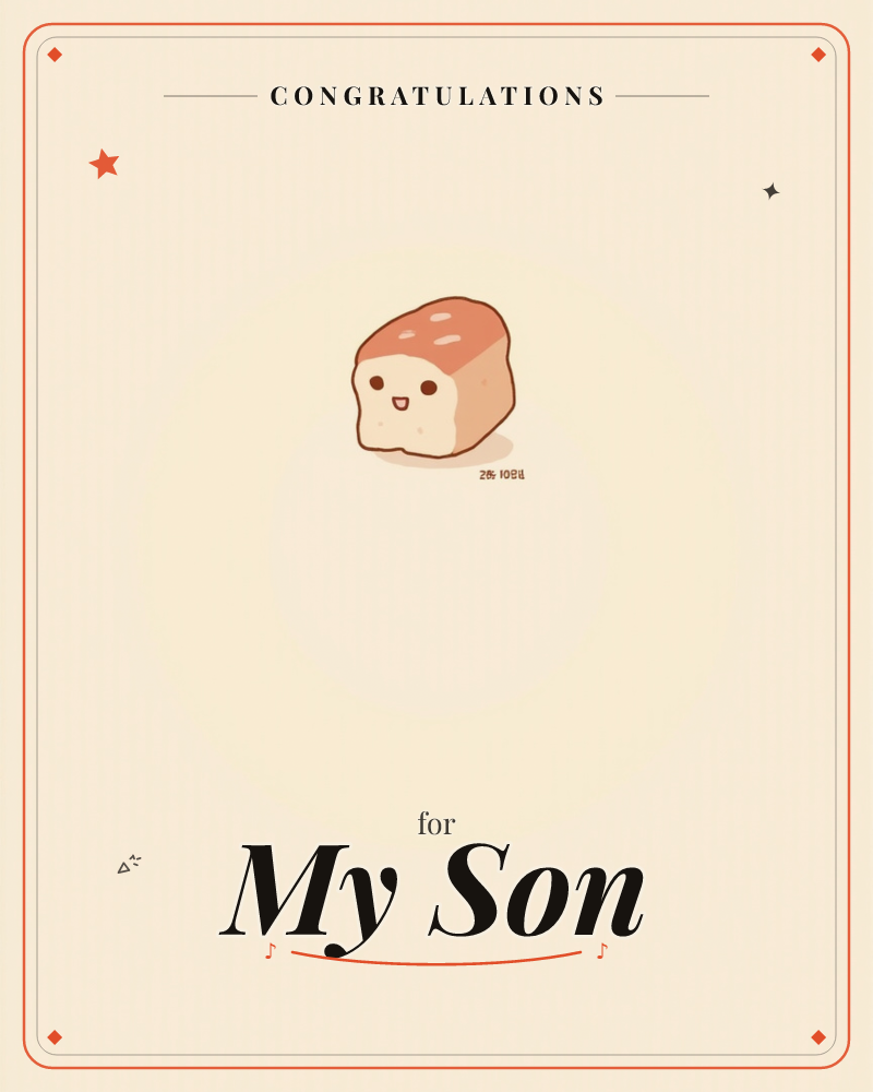 A single loaf of bread with a cheerful smiling face sits alone on a soft cream background, its crust shaded in warm terracotta and rosy tones, a graduation e-card design