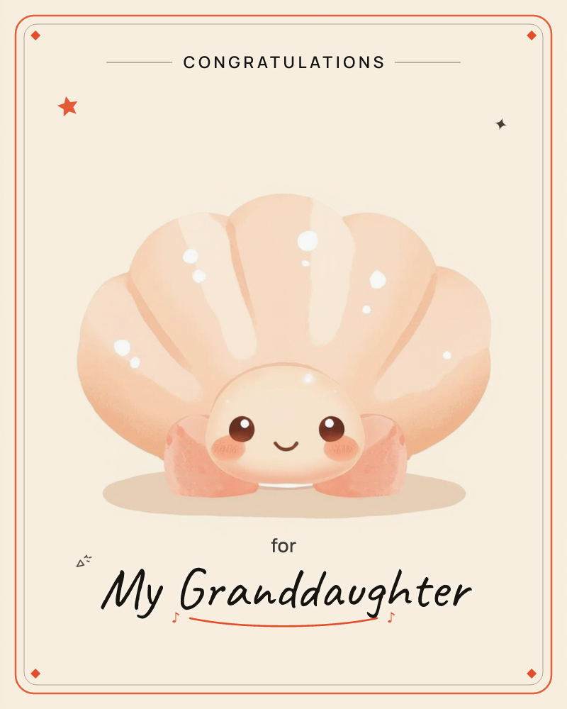 A single scallop shell sits centered on a warm cream background, its ridged fan shape shaded in soft peach and blush tones, a graduation e-card design