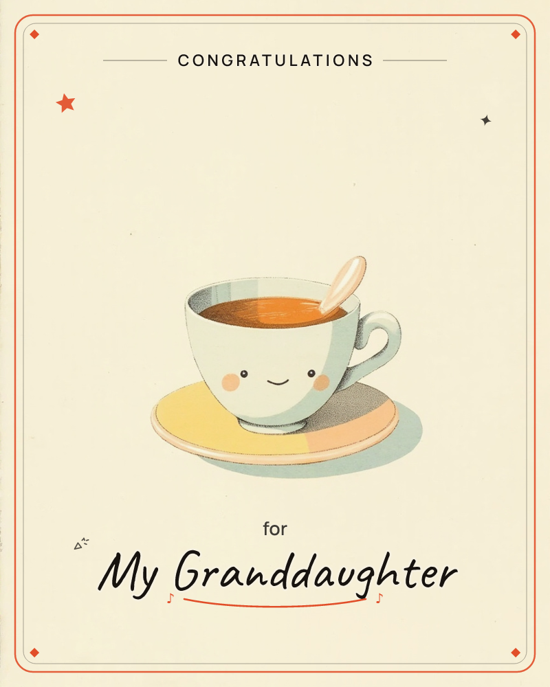 A single teacup sits centred on a cream background, filled with amber tea and a small spoon resting inside, a graduation e-card design