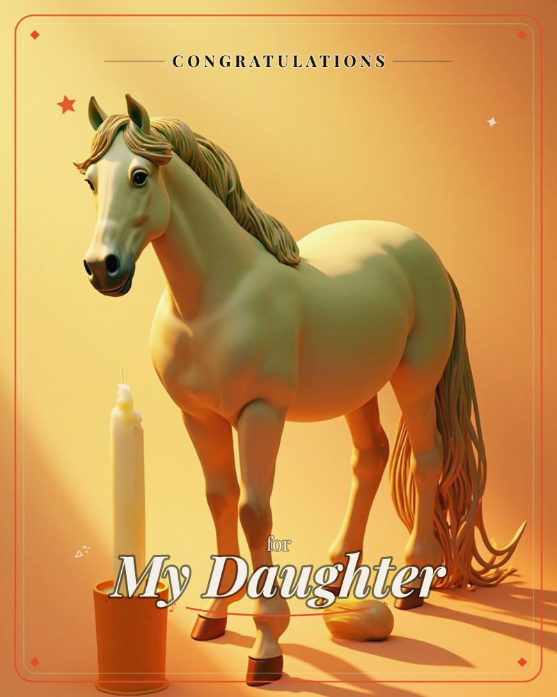 A stylised cream-coloured horse with a flowing carved mane and tail stands mid-step against a warm amber backdrop, its hooves capped in glossy bronze, a graduation e-card design