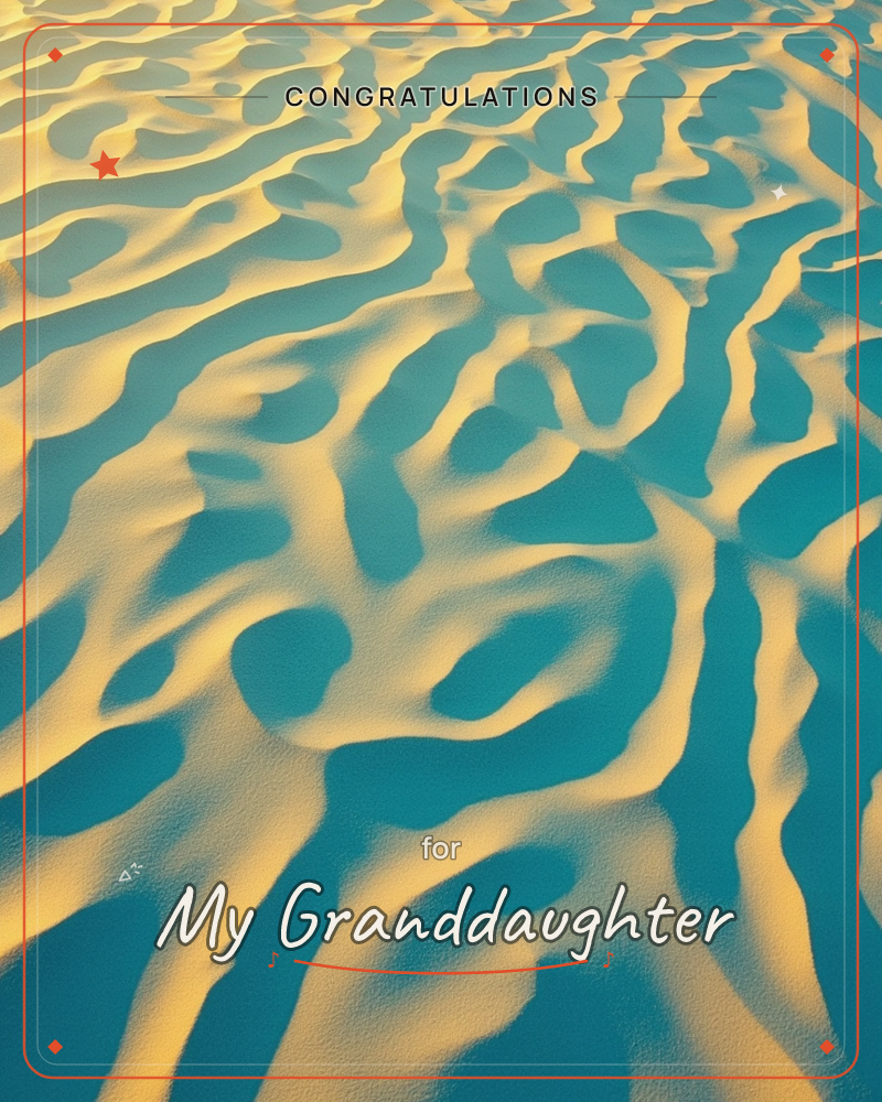 An aerial view of rippling desert dunes catches the golden light of late afternoon, with warm sand ridges casting long teal-blue shadows across the…, a graduation e-card design