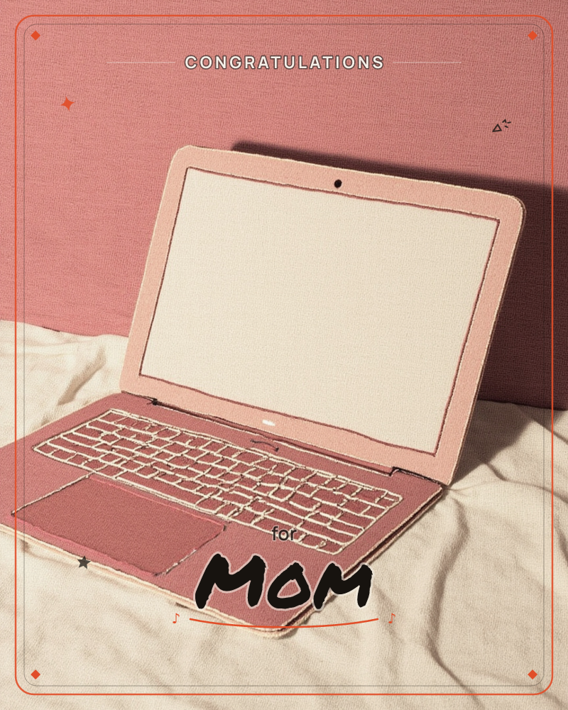 An open laptop rendered in soft pink fabric-like texture sits on a rumpled white blanket, its blank cream screen glowing gently against a dusty rose…, a graduation e-card design