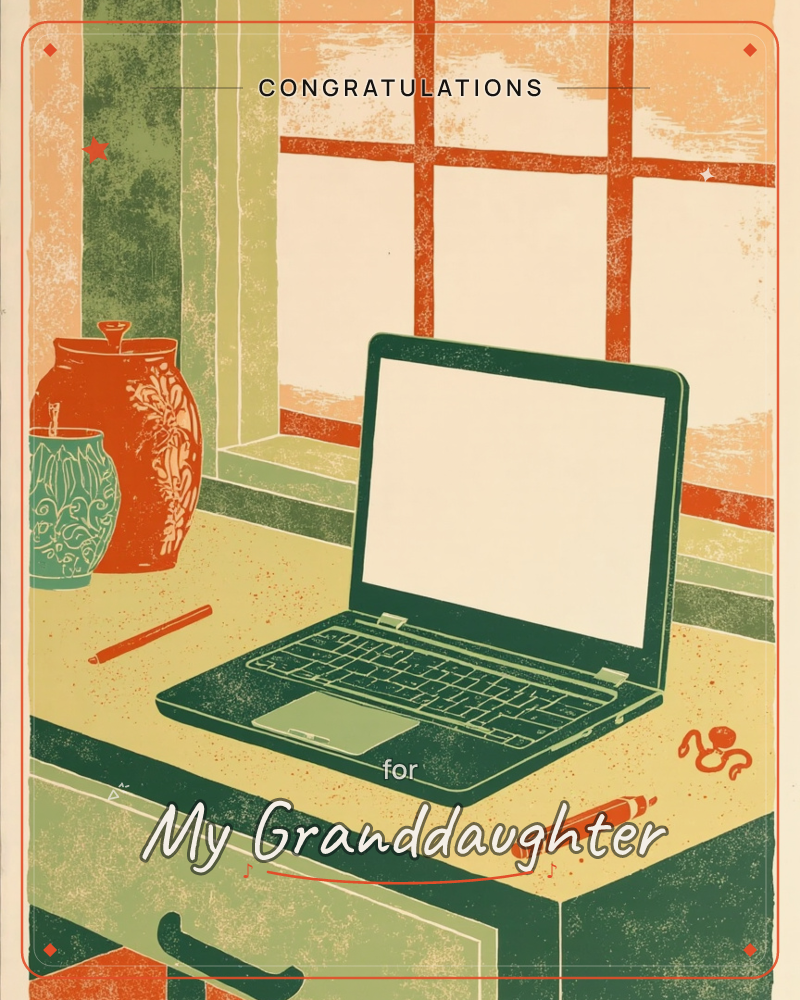An open laptop sits on a wooden desk beside a tall patterned jar, a squat teal pot, and a scattering of pencils, with a paned window glowing softly behind, a graduation e-card design