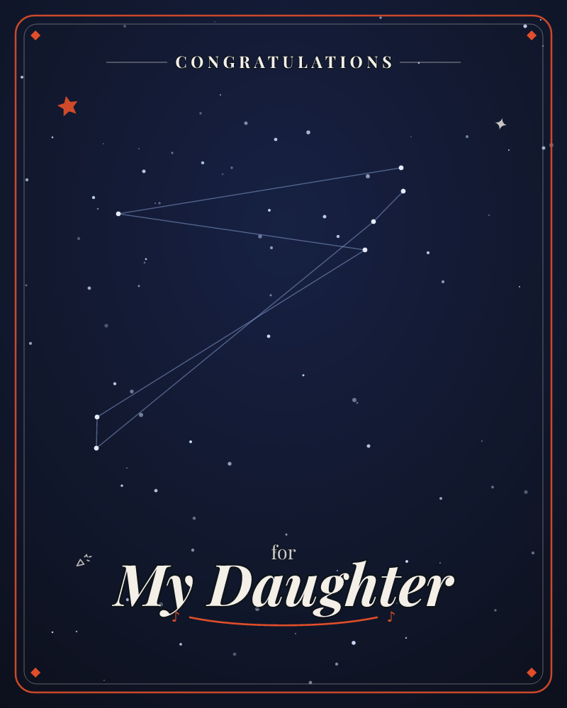 A deep midnight-blue night sky is scattered with faint stars, while a handful of brighter points are joined by thin white lines into an invented…, a graduation e-card design by @DittyCityTeam