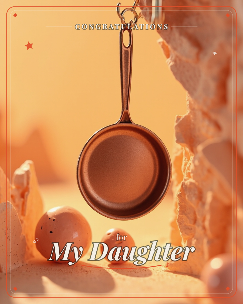 A tiny copper frying pan hangs like a charm from a hook, suspended above a warm, sandy landscape of cracked stone walls and smooth speckled pebbles, a graduation e-card design