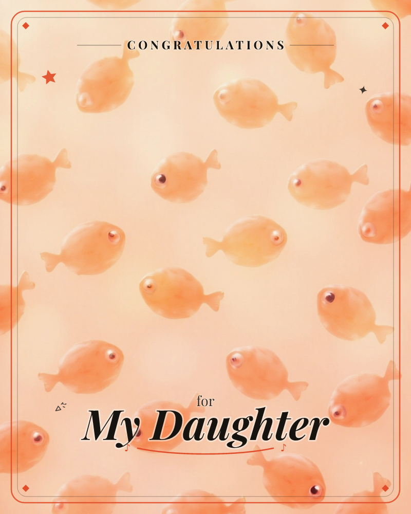 A repeating pattern of small, plump goldfish drift across a soft peach background, each with a glassy dark eye and a rounded fin trailing behind, a graduation e-card design