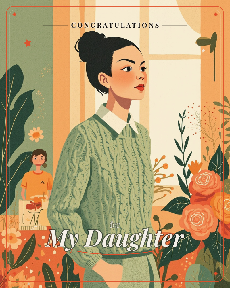 A woman in a sage-green cable knit sweater stands in profile before a tall sunlit window, her dark hair pulled into a neat bun, a graduation e-card design