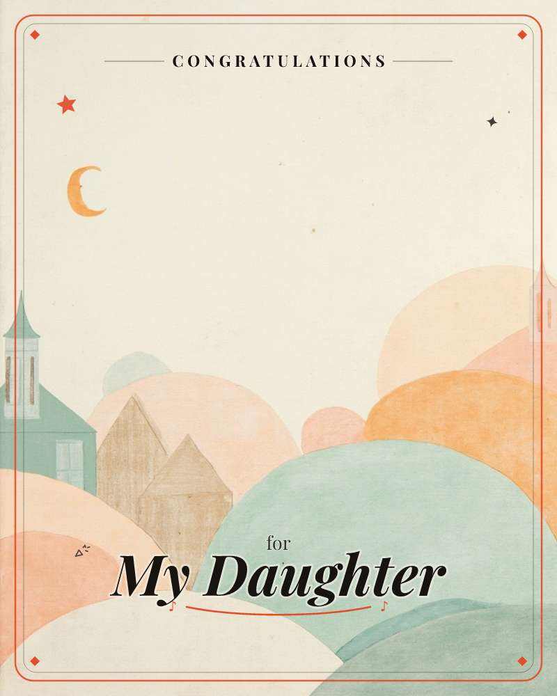 A folk-art village rendered in soft rounded shapes, with a green steepled church and a brown-roofed house nestled among gentle rolling hills of peach…, a graduation e-card design
