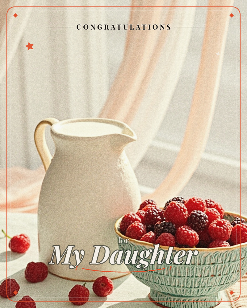 A soft-focus still life shows a cream ceramic pitcher of milk beside a pale mint bowl piled with raspberries and blackberries, loose raspberries…, a graduation e-card design