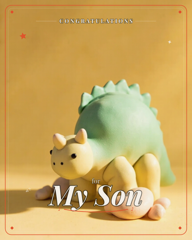 A small clay stegosaurus figure with a pale yellow body and a mint-green spiked back stands against a warm mustard-yellow backdrop, a graduation e-card design