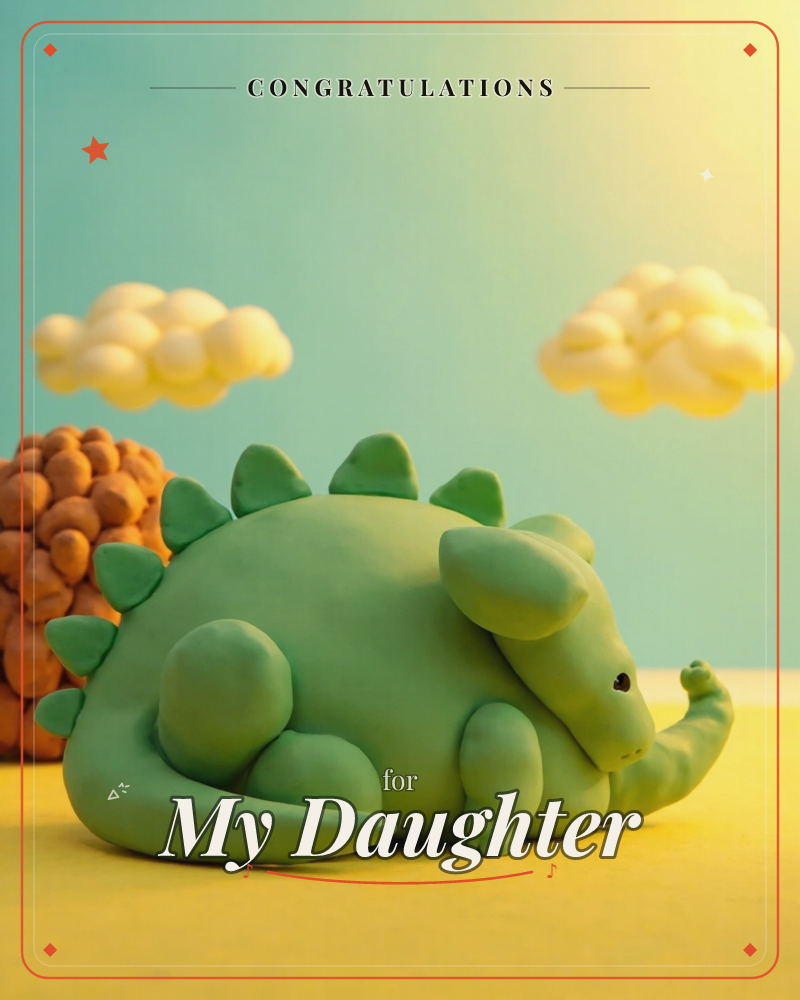 A pudgy green stegosaurus made from claymation-style modelling clay curls up for a nap on a bright yellow surface, its curved tail tucked beside it, a graduation e-card design