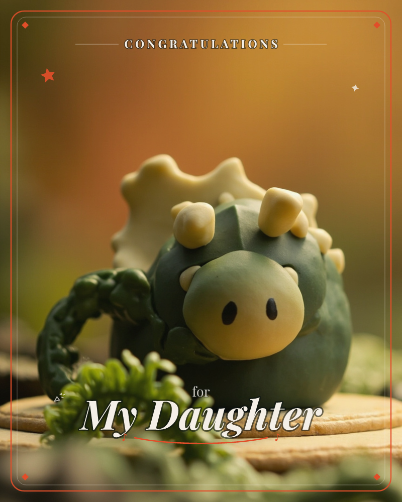 A small clay dinosaur figurine, shaped like a chubby rounded creature with cream-coloured spikes and a curled tail, sits on a wooden disc surrounded by…, a graduation e-card design