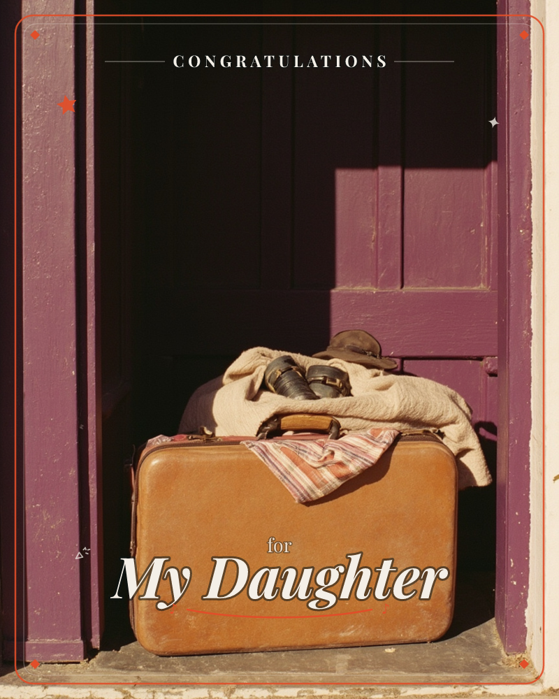 A worn tan suitcase sits in a doorway framed by deep plum-painted wood, topped with a folded canvas jacket, a felt hat, and a coiled leather belt, a graduation e-card design