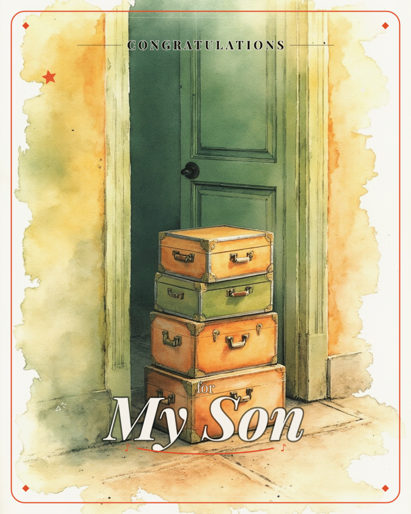 A stack of four vintage travel trunks sits by a closed green panelled door, their leather and brass buckles glowing amber and olive in a warm, hazy light, a graduation e-card design