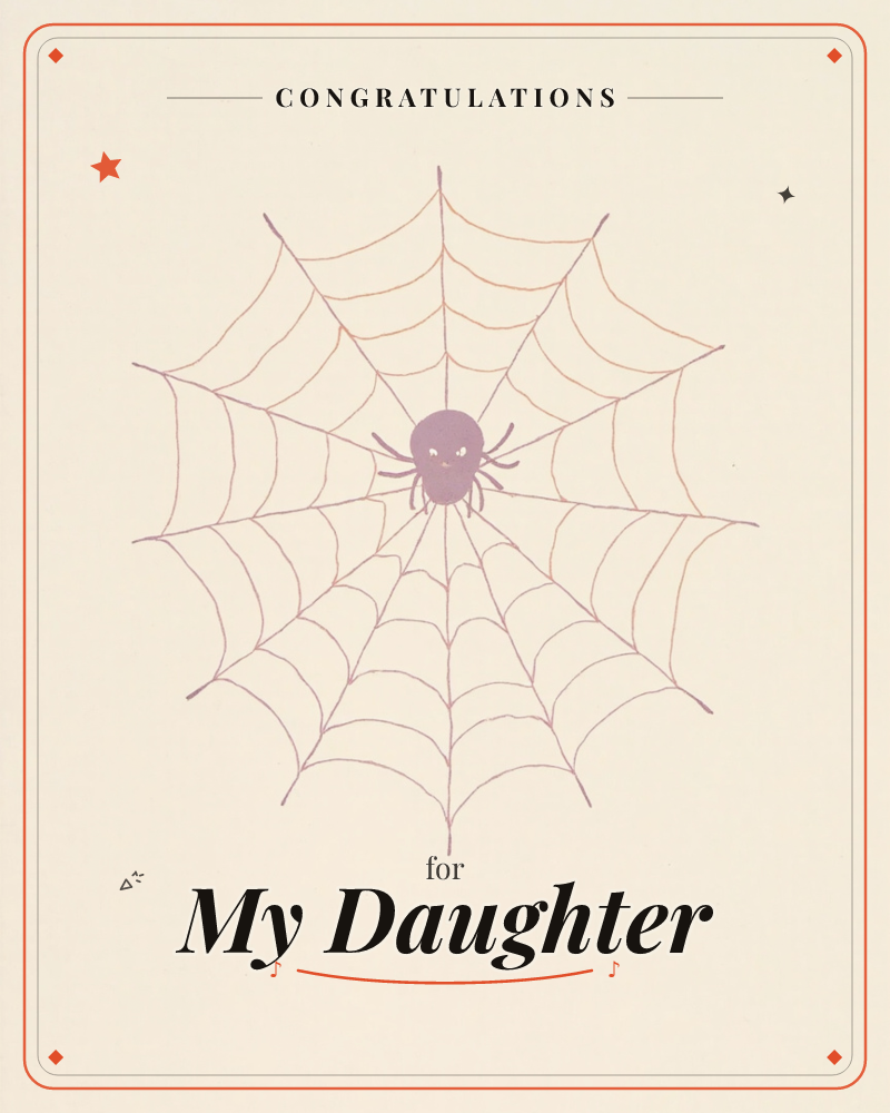 A single purple spider with a sly, cartoonish grin sits at the center of a fine web drawn in thin brown lines, all set against a warm cream background, a graduation e-card design