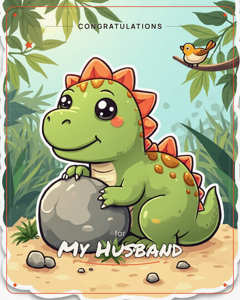 A cheerful green baby dinosaur with orange spikes and rosy cheeks rests a paw on a smooth grey boulder, surrounded by tropical leaves and sandy ground, a graduation e-card design